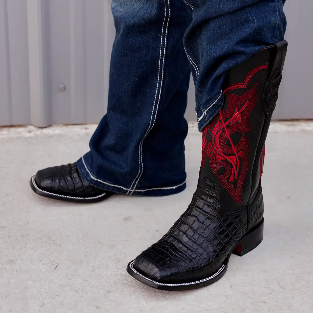 Black Caiman Belly Leather Boots -Square Toe