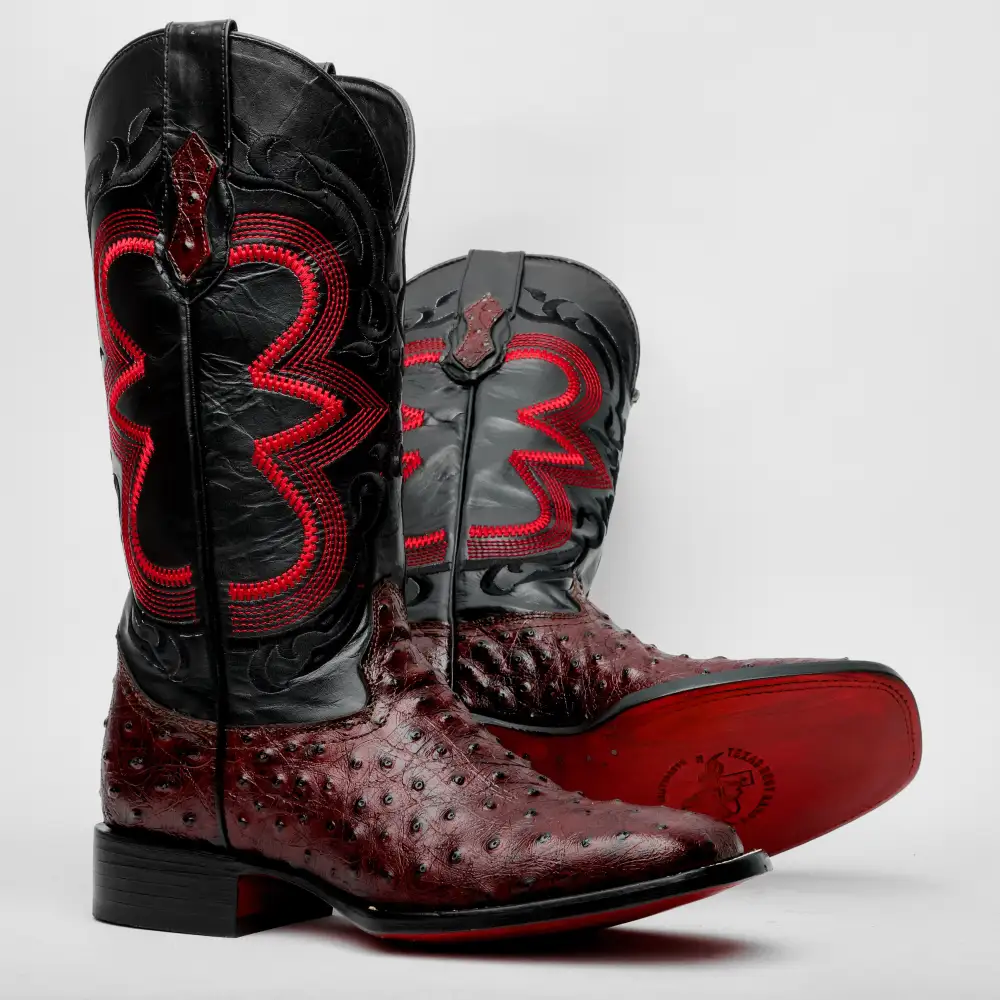 Black Cherry Ostrich Leather Boots - Square Toe