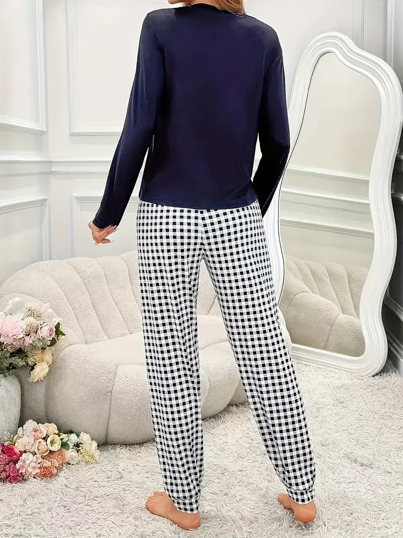 Cozy Women's Fall Lounge Set - Soft Solid Long Sleeve Round Neck Top, Plaid Jogger Pants, Comfortable Relaxed Fit, Perfect for Casual Daily Wear