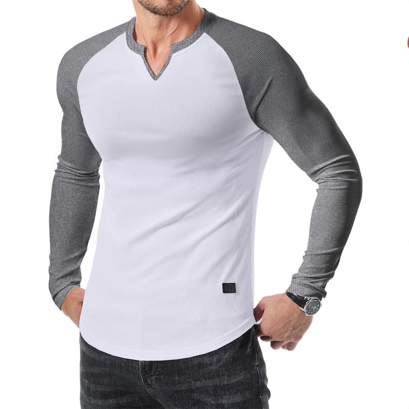 Men’s Ribbed V-Neck Long Sleeve Casual Tee