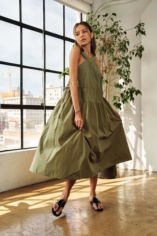 Crisscross Wide Strap Drawstring Detail Midi Dress