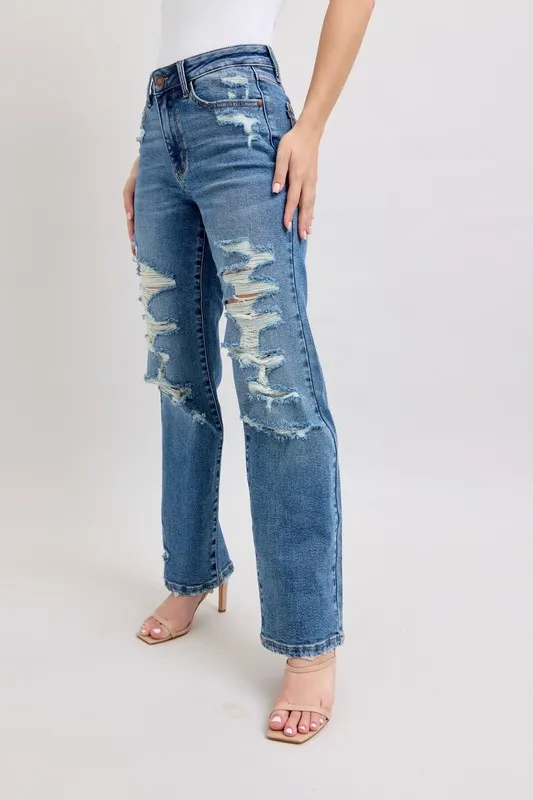 Blue Full Size High Waist Heavy Destroy Straight Jeans Plus Size
