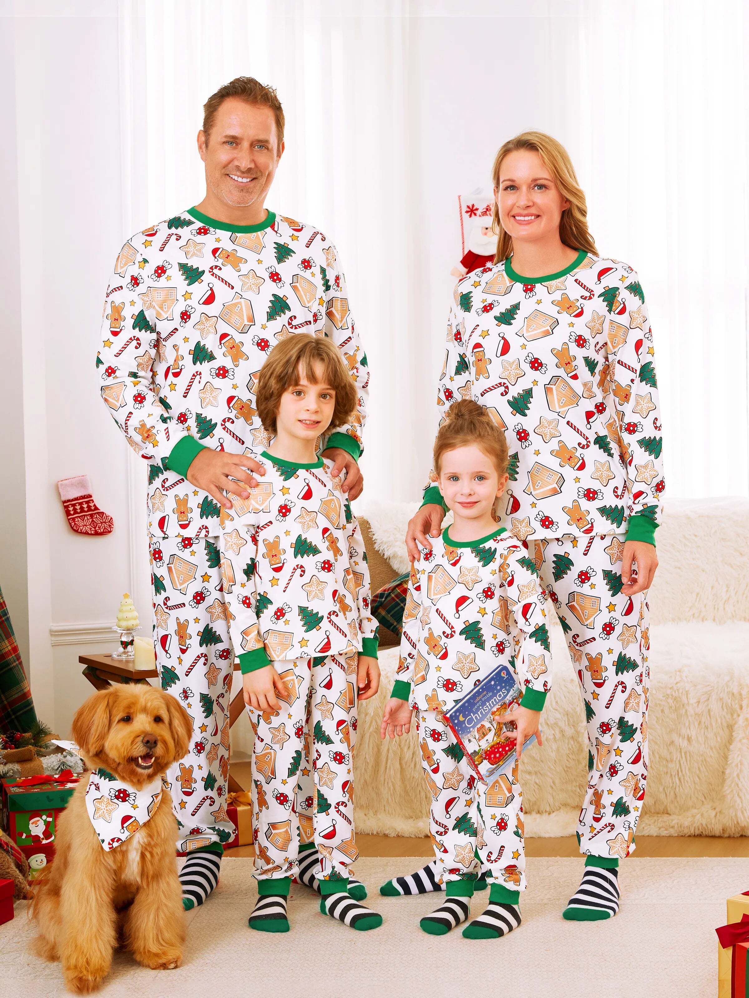 Gingerbread House Pajamas Matching Family Green Christmas PJs Sets with Christmas Socks Multi-color