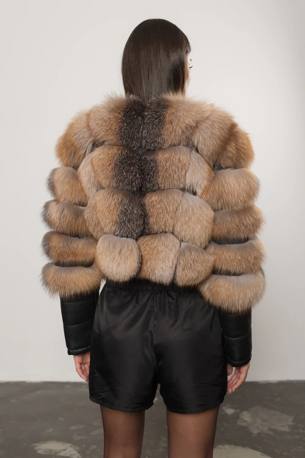 Haină din Blană Naturală de Vulpe și Piele, Transformabilă, Femei, Brown Frost 249