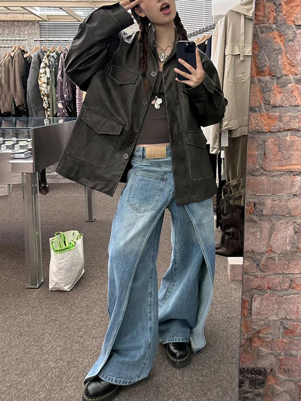 Pockets Reversible False Two Wide Leg Jean Pants Bottoms