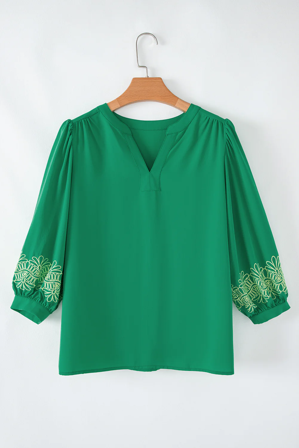 Contrast Floral Embroidered 3/4 Sleeve Notched V Neck Elegant Blouse