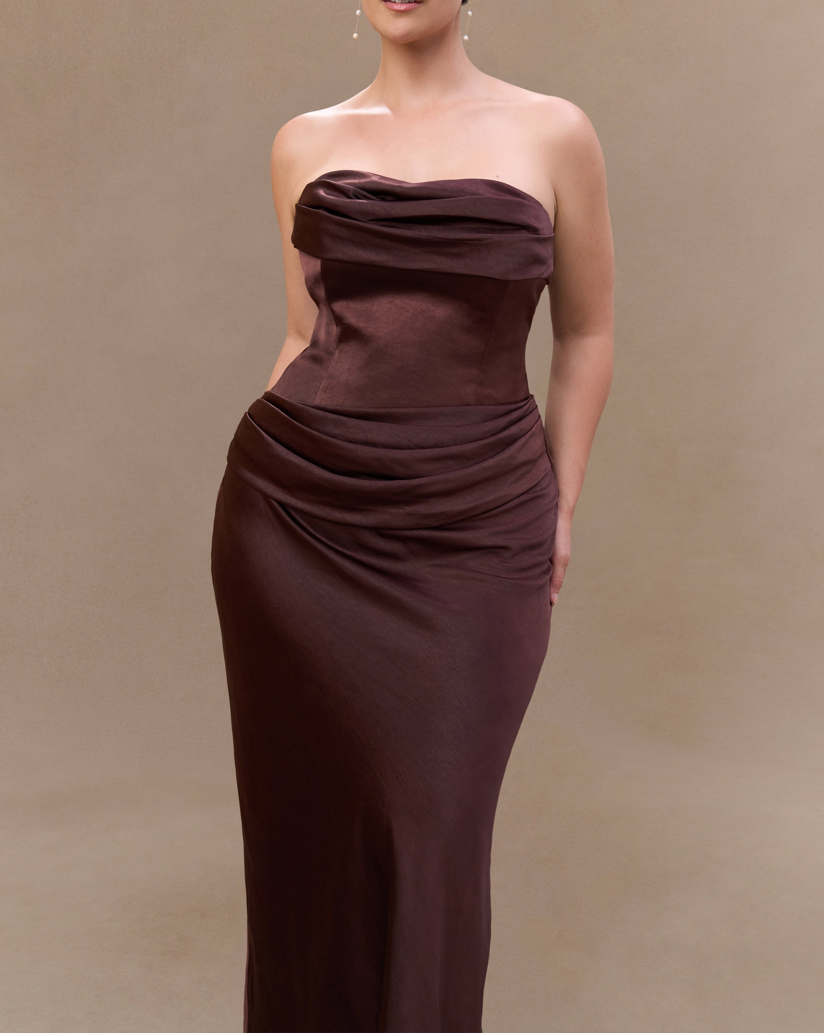 Chocolate Strapless Satin Maxi Dress