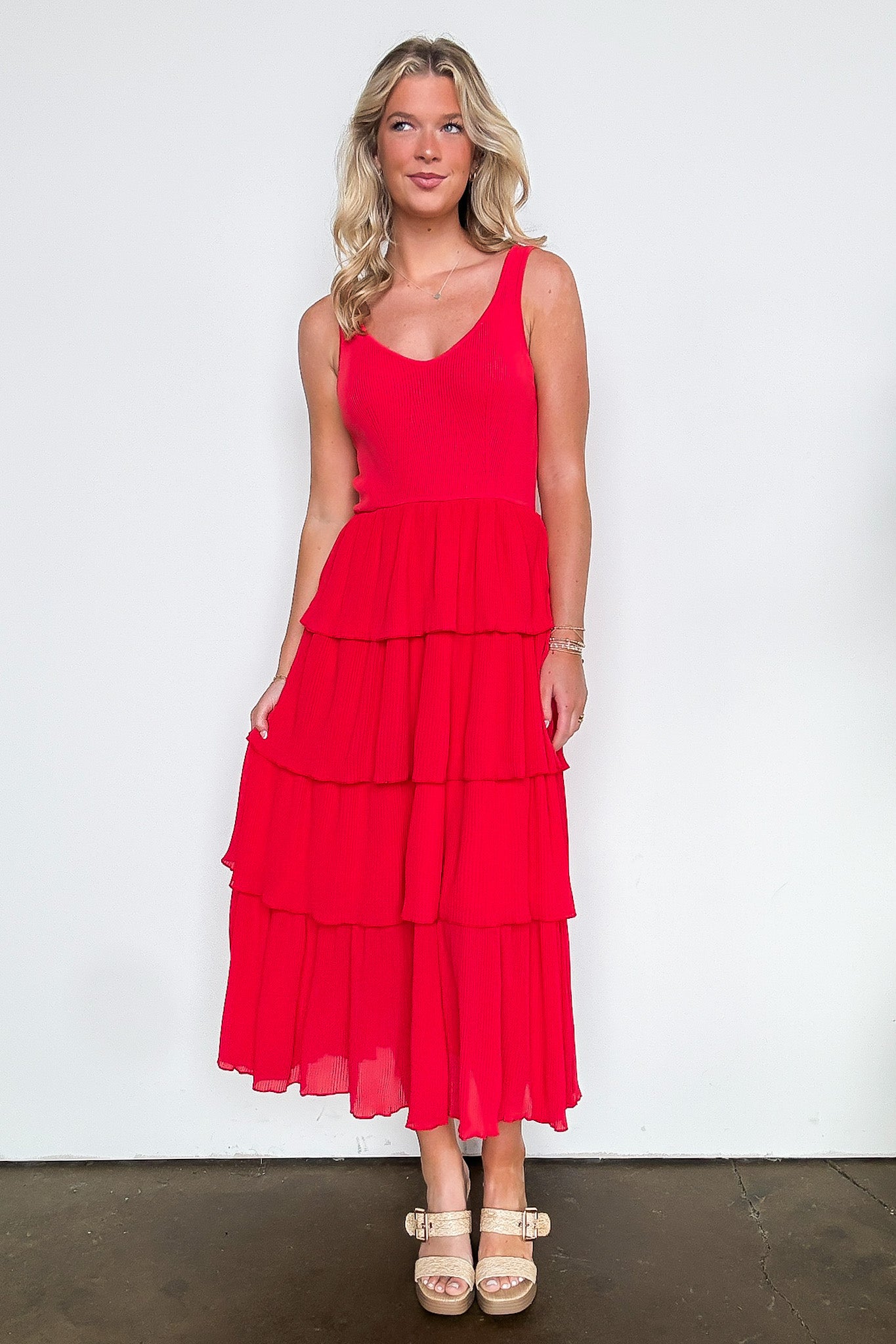 Pleated Tiered Midi Dress