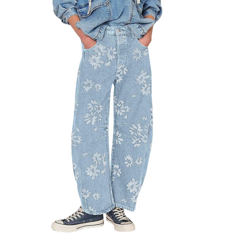 Women's Simple Floral Jeans Y2K Loose Wide-Leg Jeans Boyfriend Style Printed Stitching Jeans