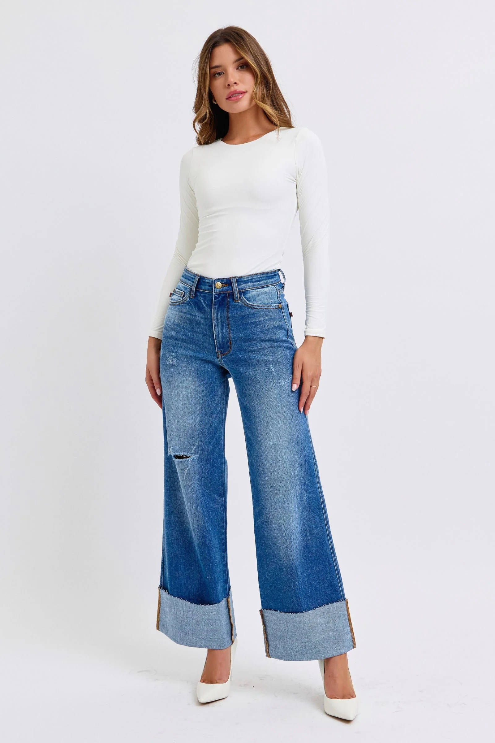 Blue Full Size Distressed High Waist Wide Leg Jeans