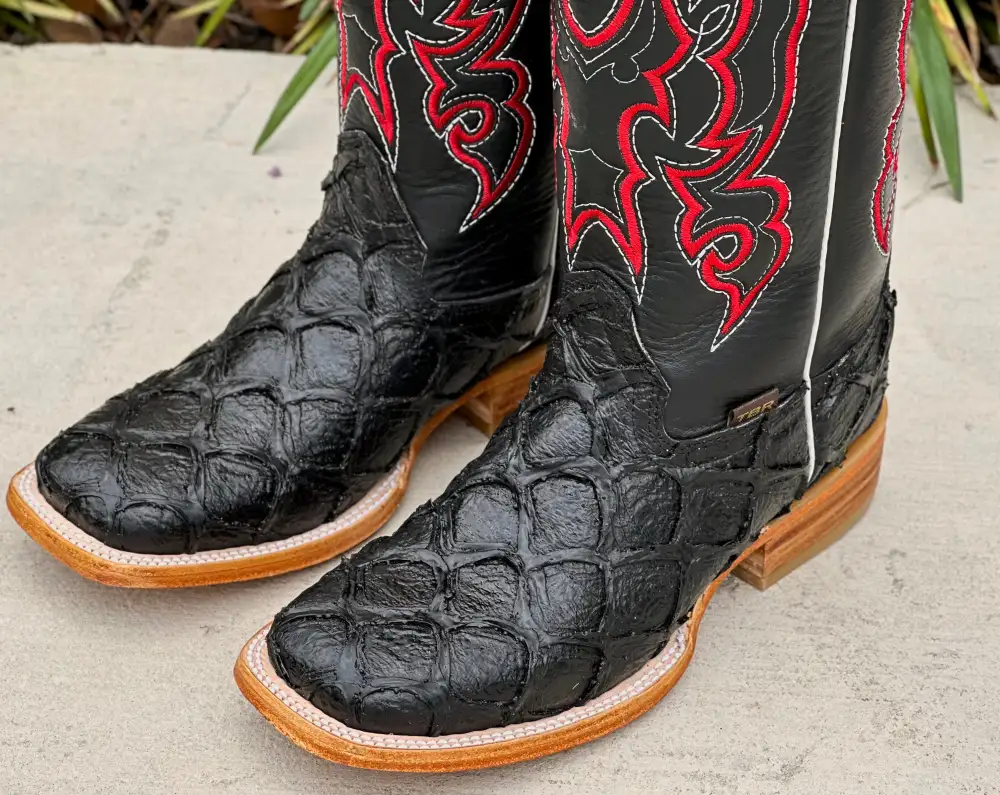 Men’s Black Pirarucu Leather Boots With Black/ Red Embroidery Shaft