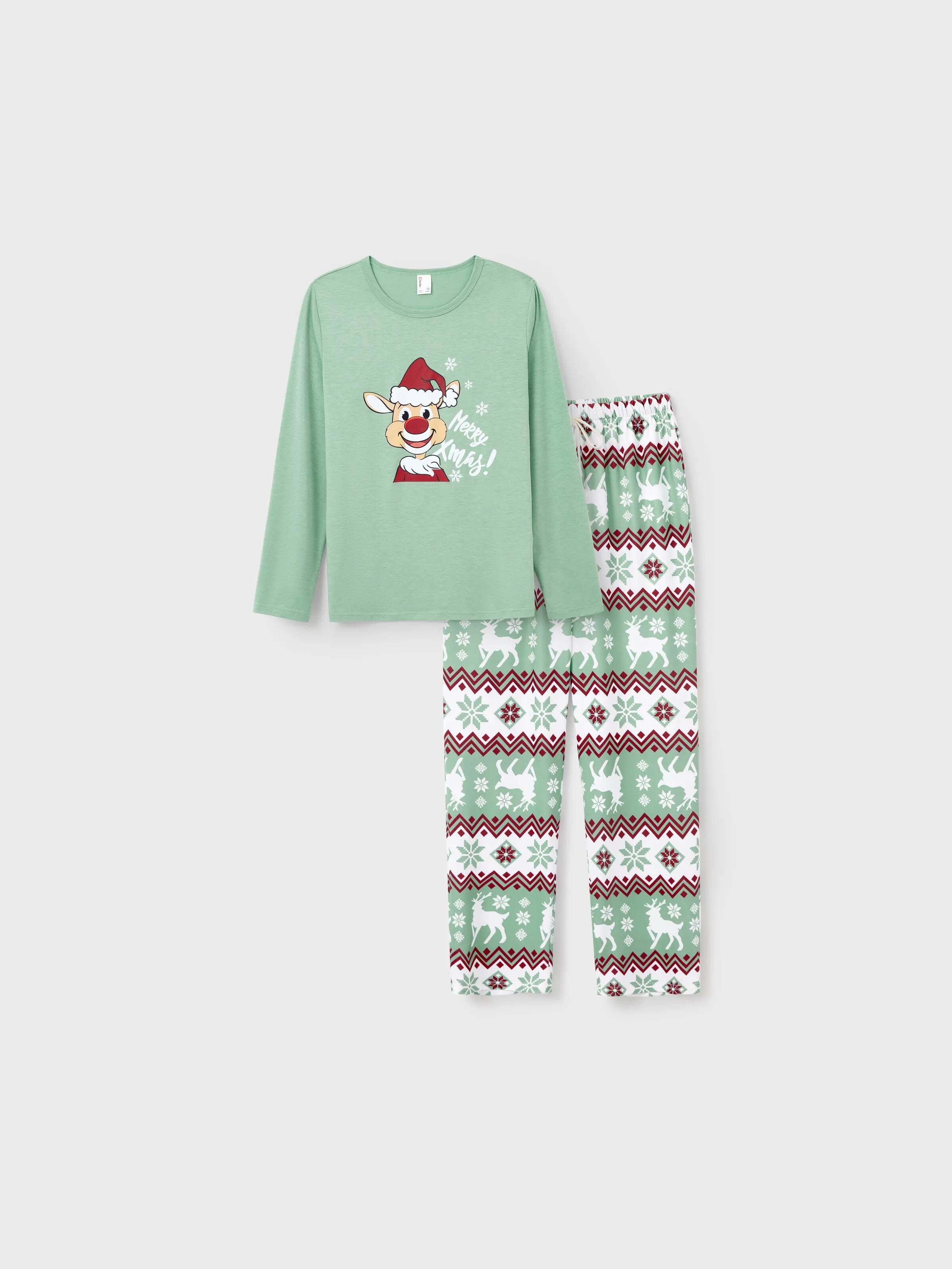 Christmas Matching Family Pajamas Set Christmas Spirit and Snowflake Print PJS with Christmas Socks Pale Green