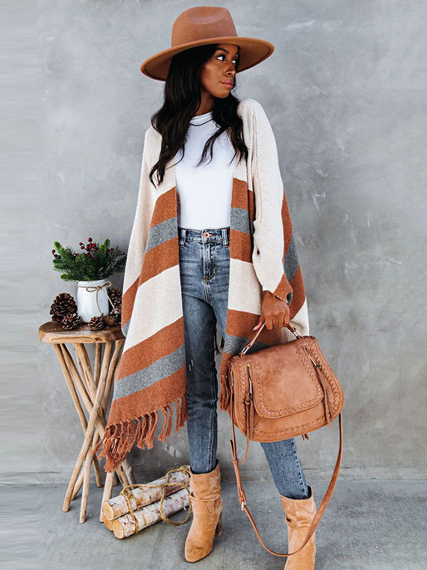 Original Striped Tasseled Shawl&Cloak