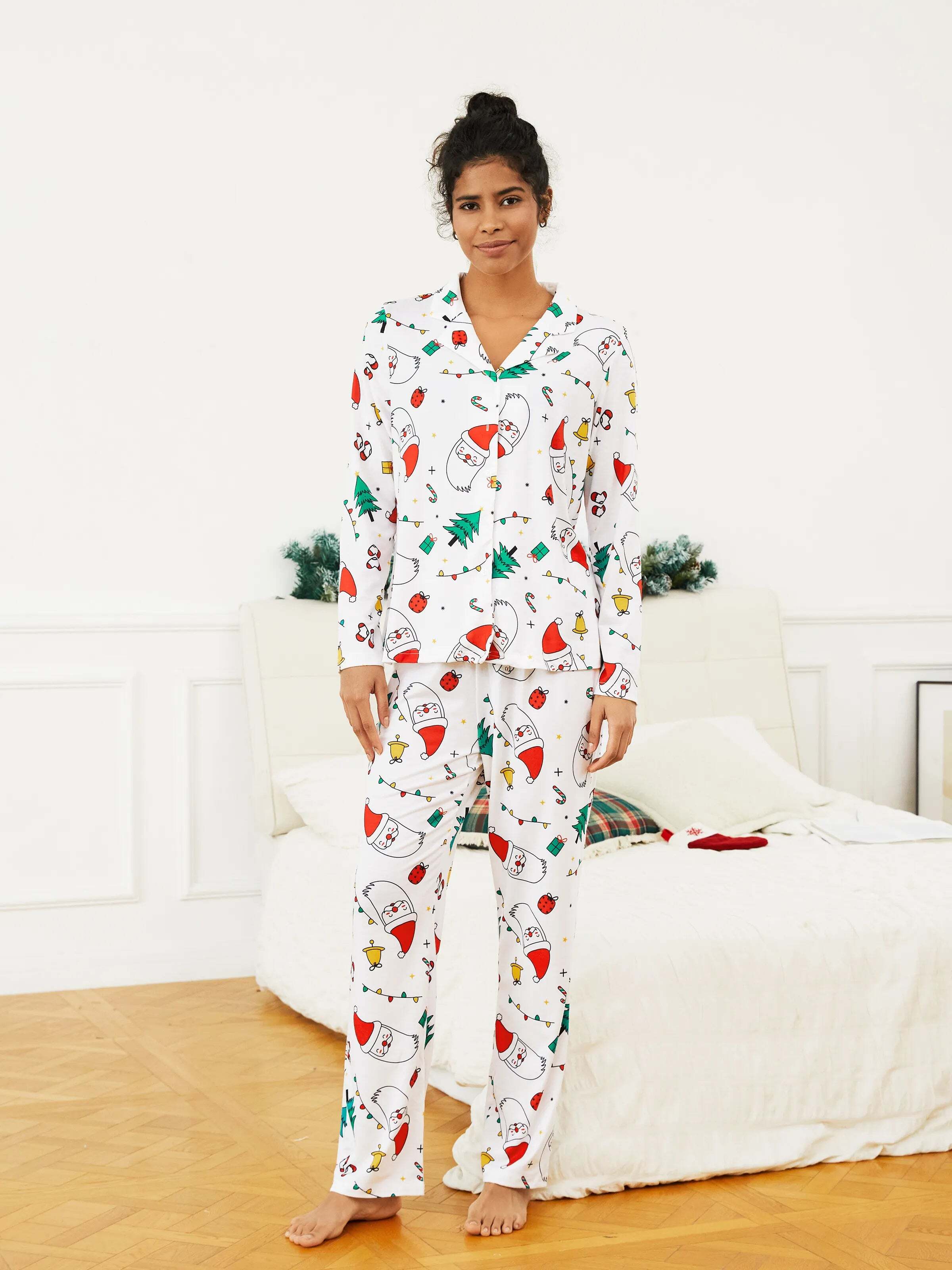 Christmas Family Matching Colorful Festival Theme Print Long Sleeve Pajamas Sets with Christmas Socks White