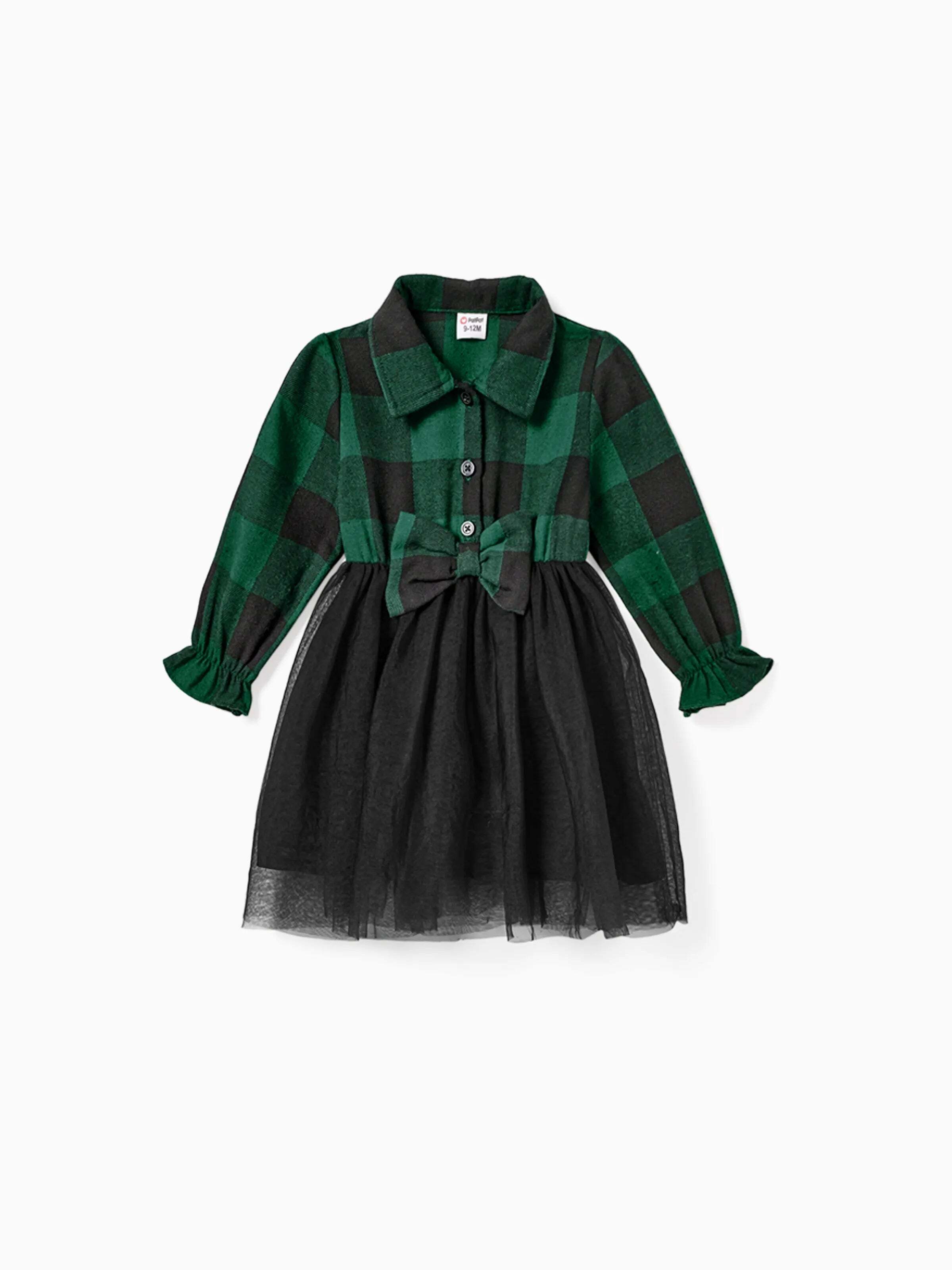 Family Matching Sets Green Plaid Long Sleeves Shirt or Tulle Mesh Dress DarkGreen