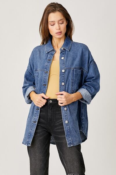 Button Up Drop Shoulder Denim Shacket