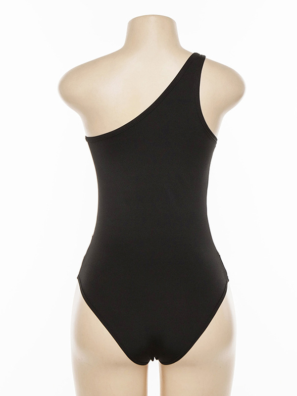 Sleeveless Mesh One-Shoulder Solid Color Split-Joint One-Piece Swimwear