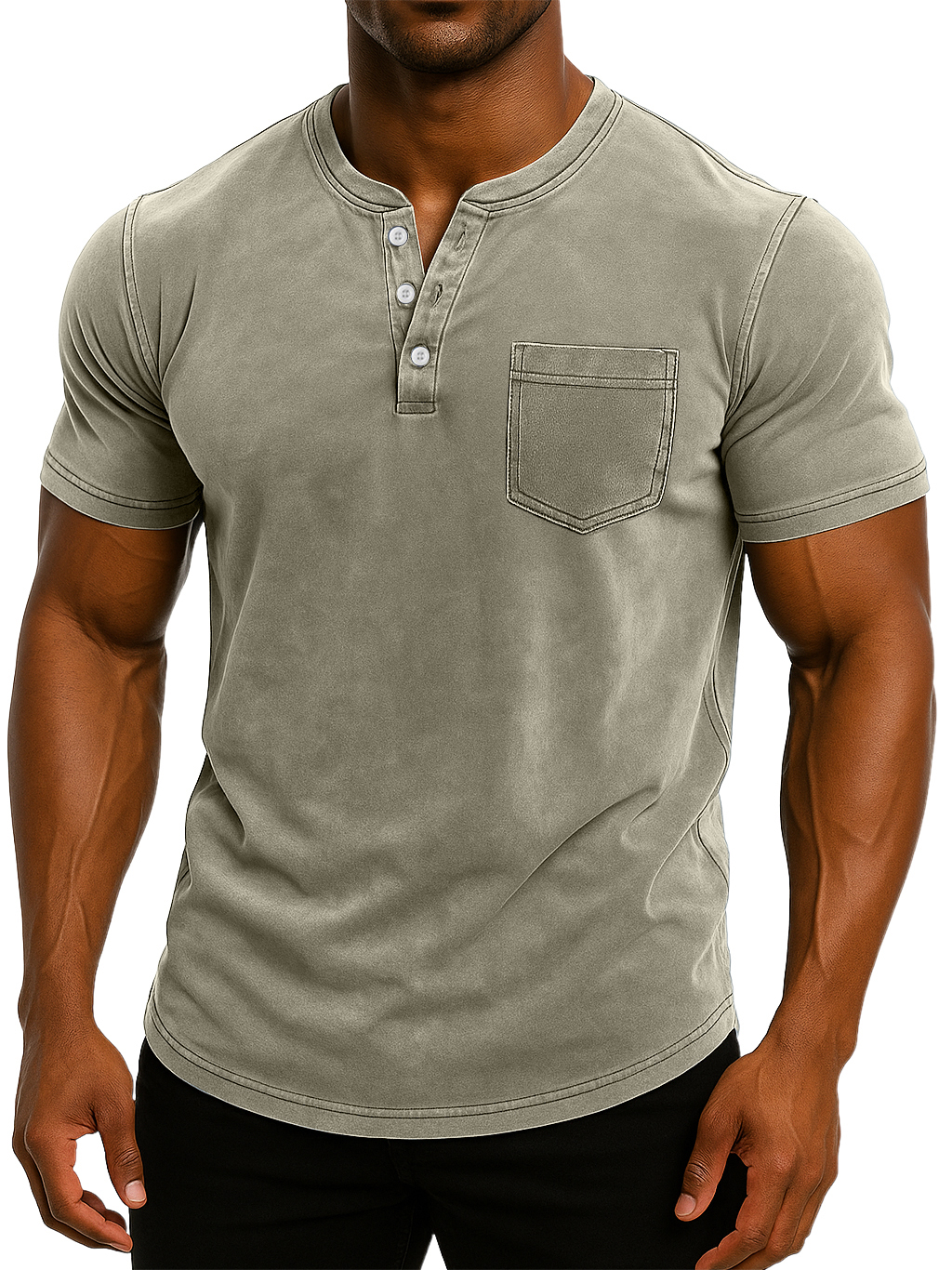 Men's Retro Stand Collar Casual Pocket Solid Color Slim Fit Short Sleeve Henley Shirt