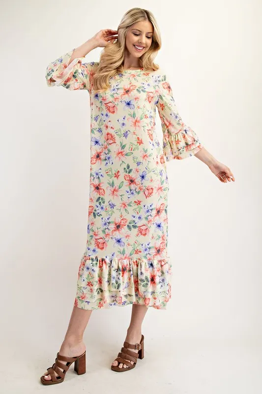 Celeste Full Size Soft Floral Ruffle Trim Dress Plus Size