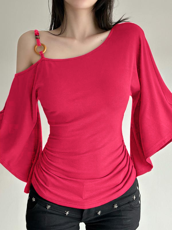 Women’s Retro Asymmetrical Beaded Shoulder Top – Slim Fit Flounce Sleeve Blouse