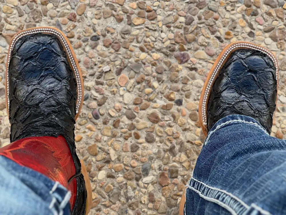 Men’s Black Pirarucu Leather Boots With Red Shaft