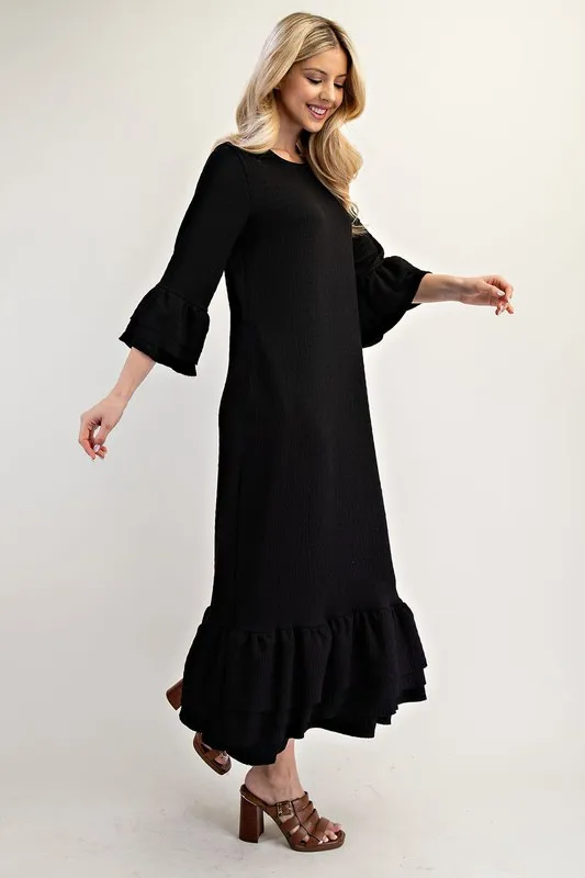 Celeste Full Size Textured Ruffle Hem Modest Dress Plus Size