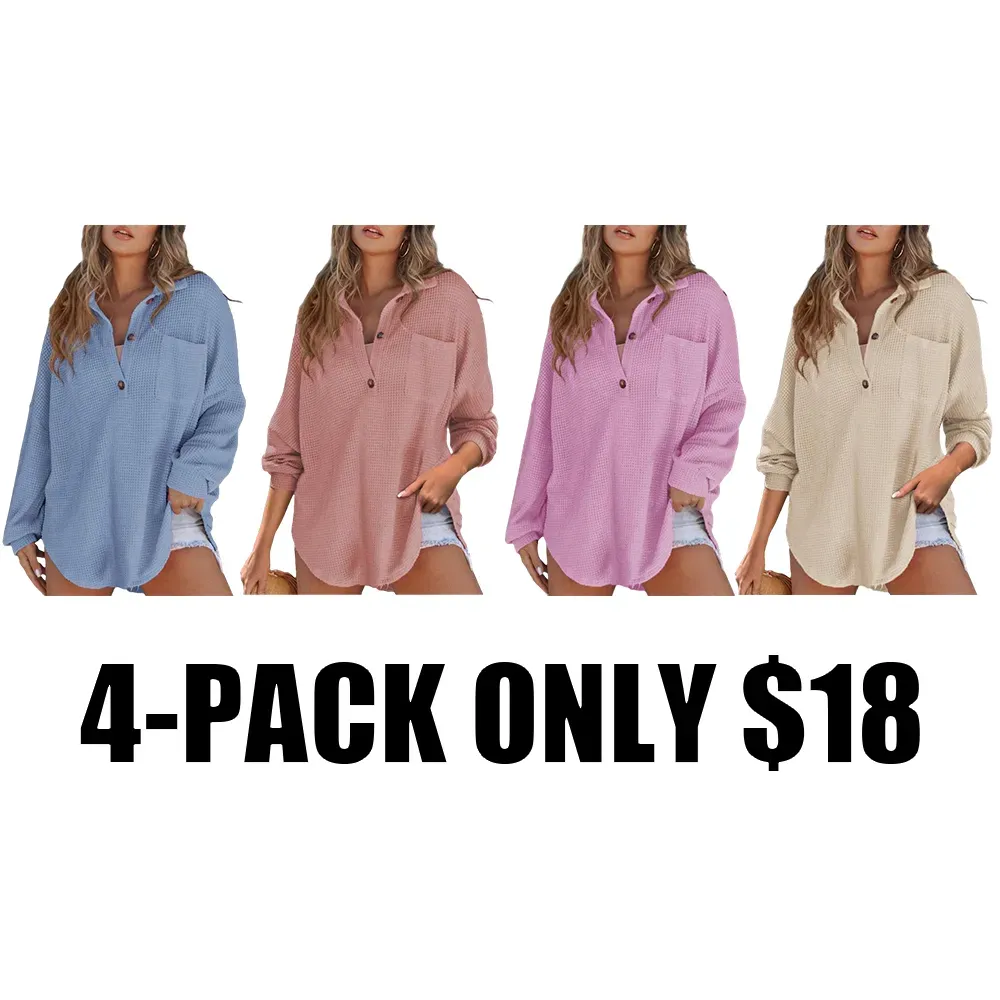 Women's Waffle Henley Shirt Tops
