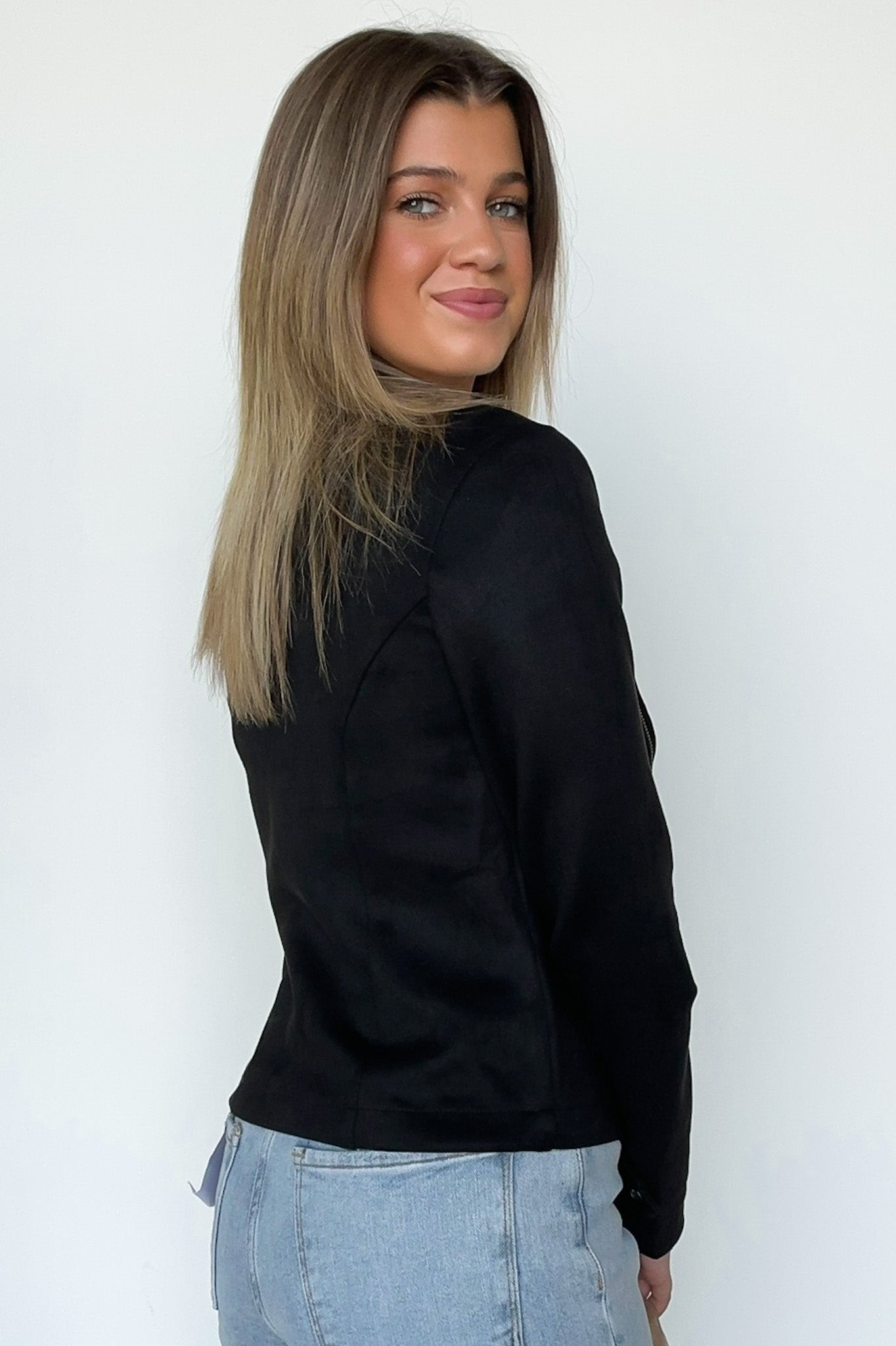 Faux Suede Zip Up Moto Jacket