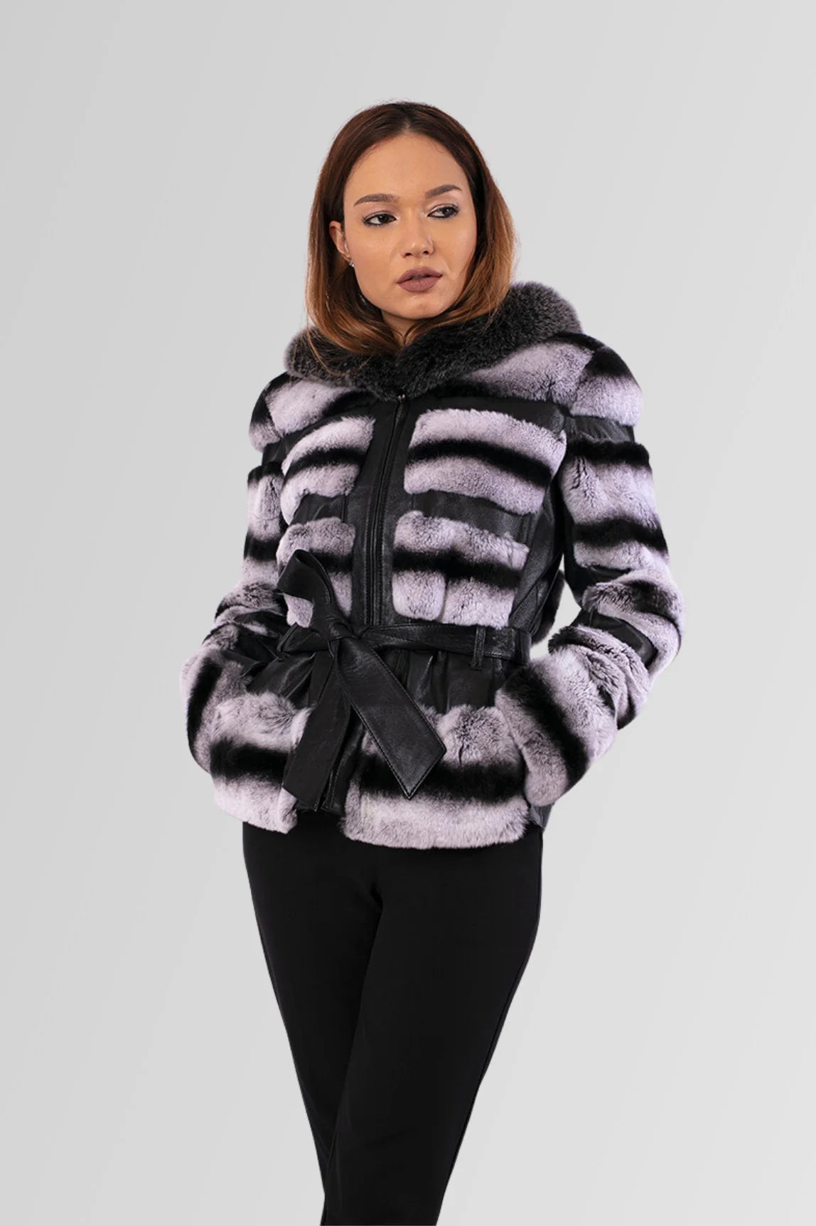 Haină din Blană Naturală de Rex Chinchilla, cu Glugă și Cordon, Femei, Grey Frost 173