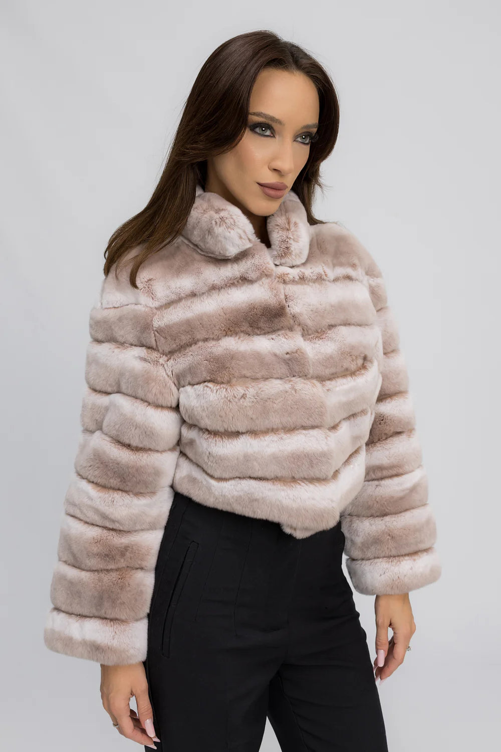 Haină din Blană Naturală de Rex Chinchilla, cu Guler Tunică, Femei, Cappuccino Mist 464