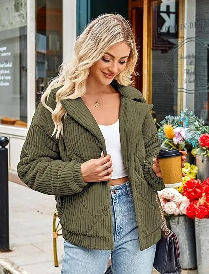 Women's Bomber Jacket Corduroy Ribbed Quilted Zip Up Long Sleeve Winter Coat Fall Outerwear Tops with Pockets