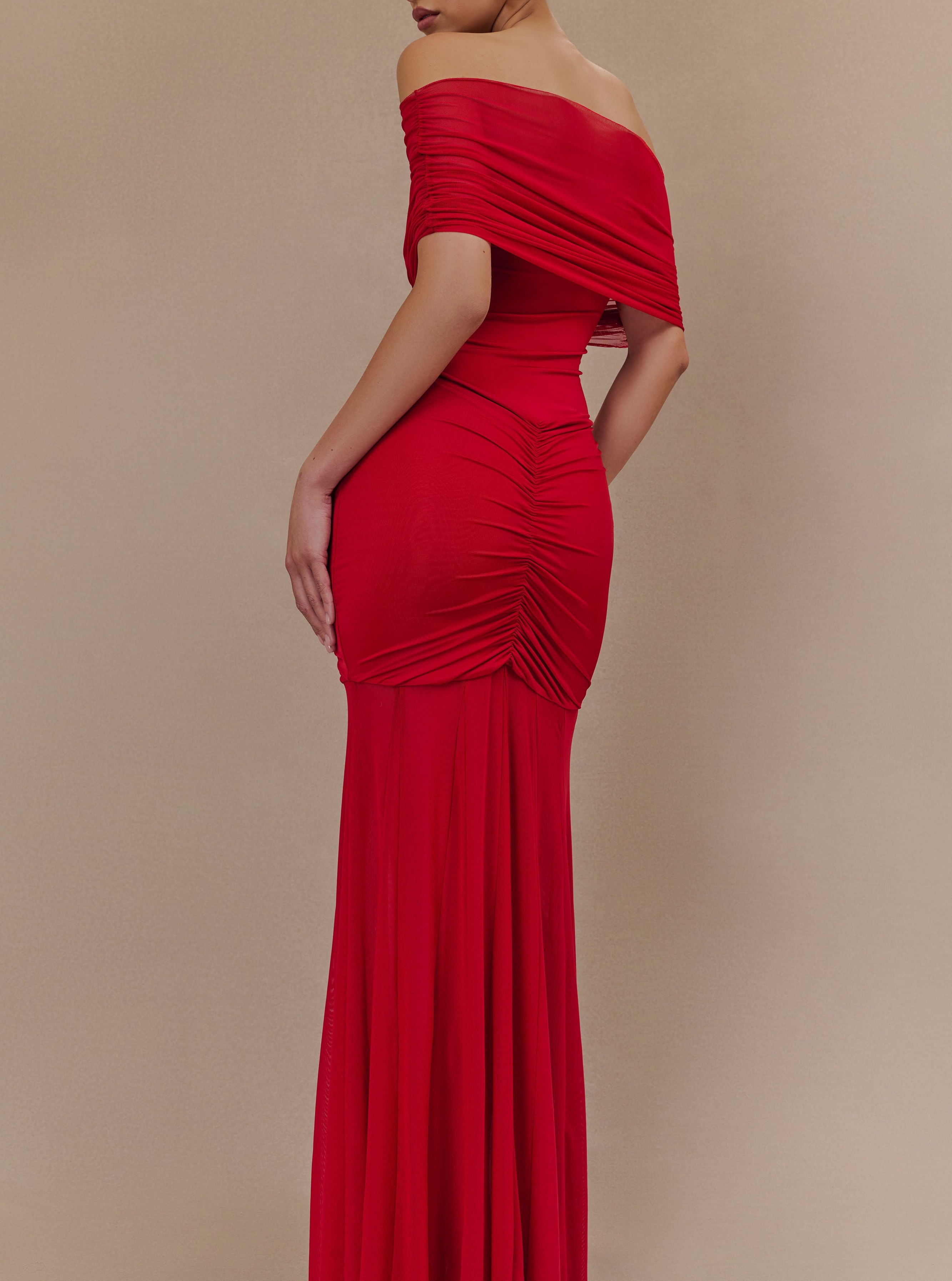 Ruby Slinky And Mesh Off Shoulder Maxi Dress