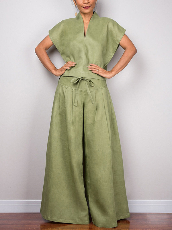 Drawstring Pleated Solid Color Split-Joint High Waisted Loose Trousers Pants