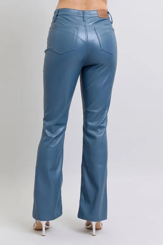 Blue Full Size High Waist Tummy Control Faux Leather Bootcut Pants Plus Size