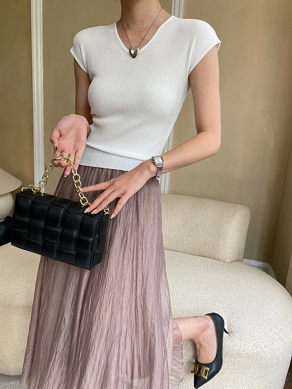 Solid Color Short Sleeves Skinny V-Neck T-Shirts