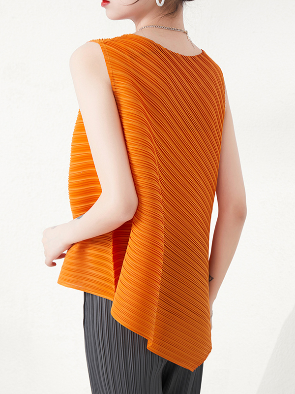 Simple Loose Sleeveless Pleated Asymmetric Solid Color Round-Neck Vest Top