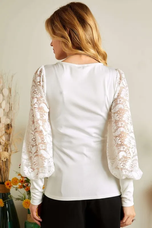 Lace Splicing Puff Sleeve Top
