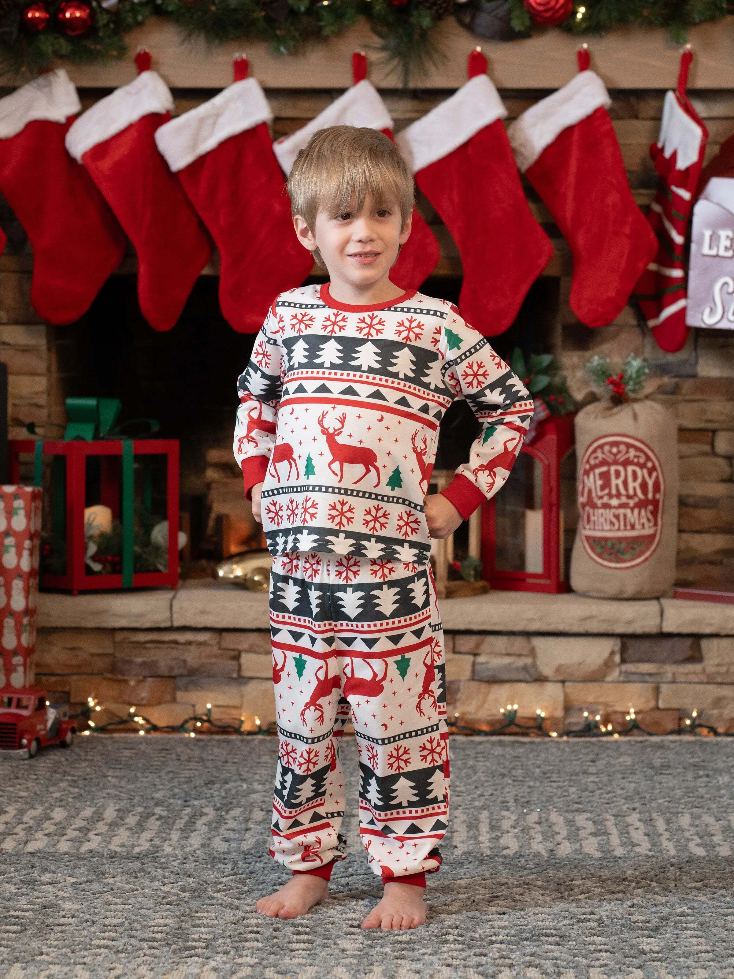Family Christmas Pajamas All Over Reindeer Print Long-sleeve with Christmas Socks (SGS Certied Safety) Red+White