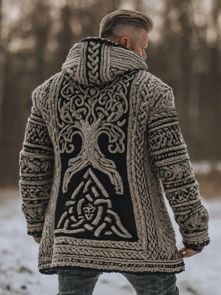 Men's Viking Valknut Life Of Tree Celt Chunky Knit Hooded Cardigan