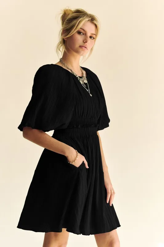 Back Button Puff Sleeve Mini Dress