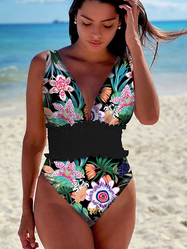 Floral Printed Ruffled V-Neck One-Piece Swimwear