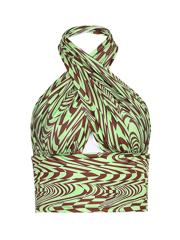 Backless Hollow Printed Skinny Sleeveless Halter-Neck Vest Top