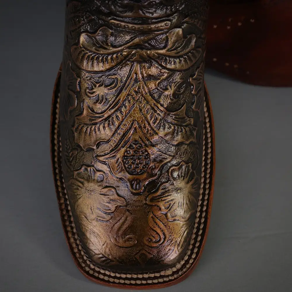 Bronze Hand-Tooled Leather Boots — Square Toe