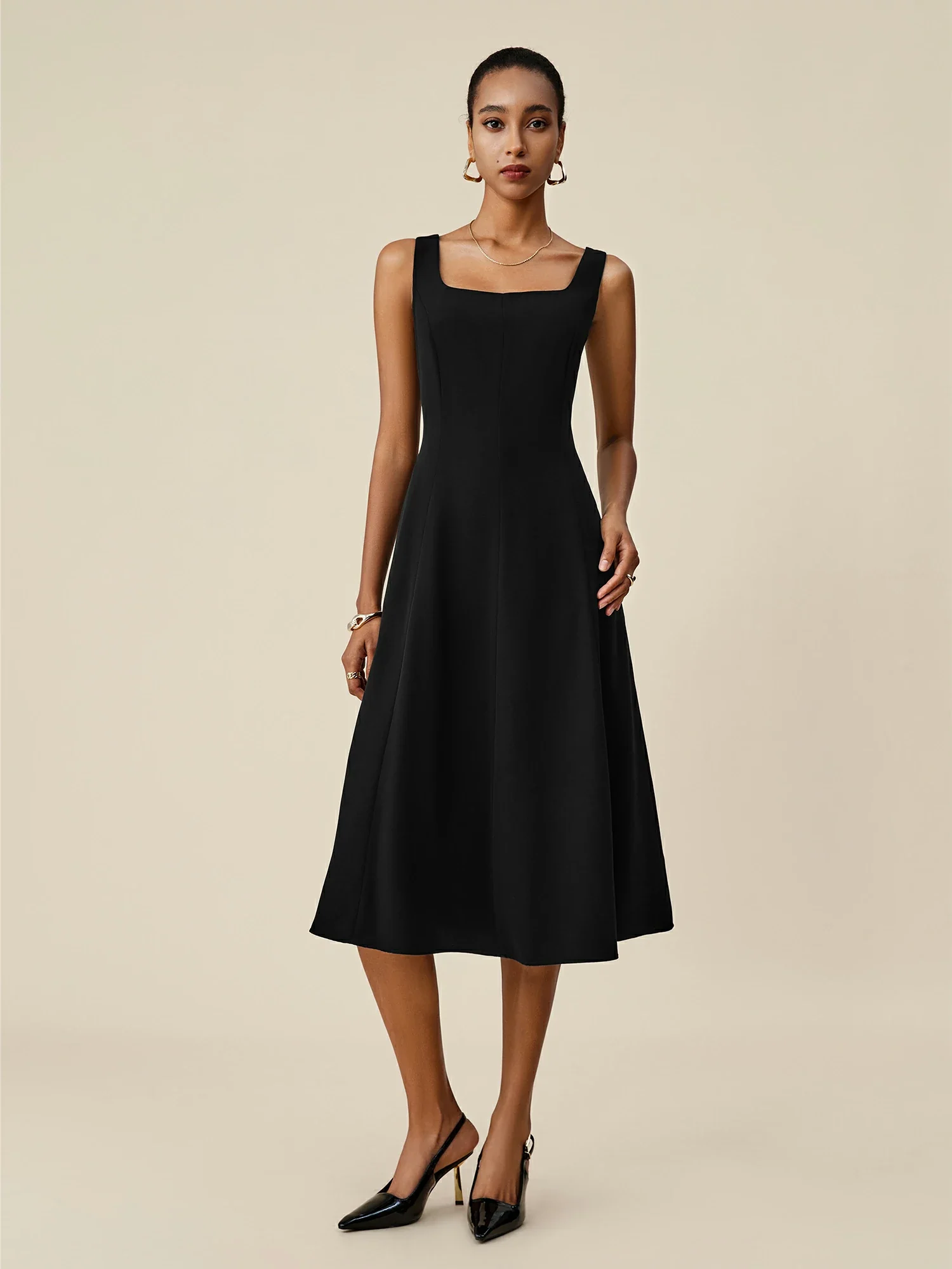 47% Acetate U-Neck A-Line Sleeveless Dress