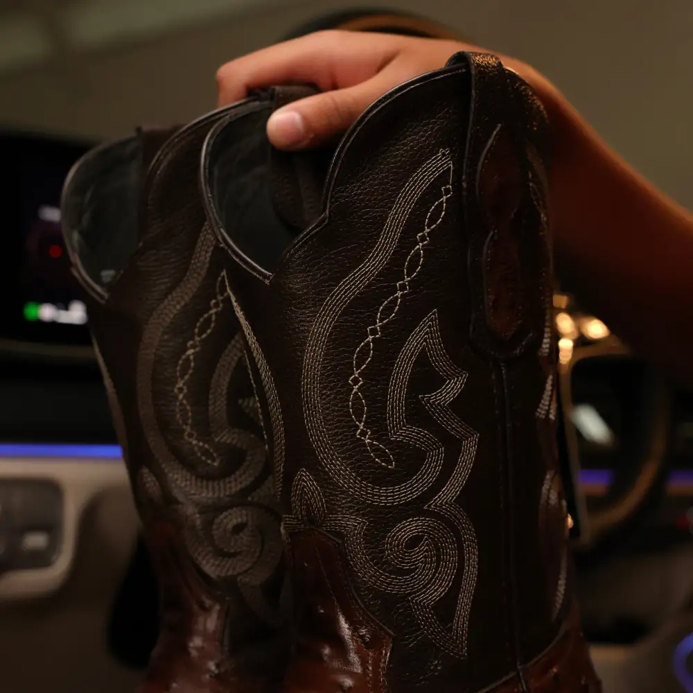 Chocolate Brown Ostrich Leather Boots - Square Toe