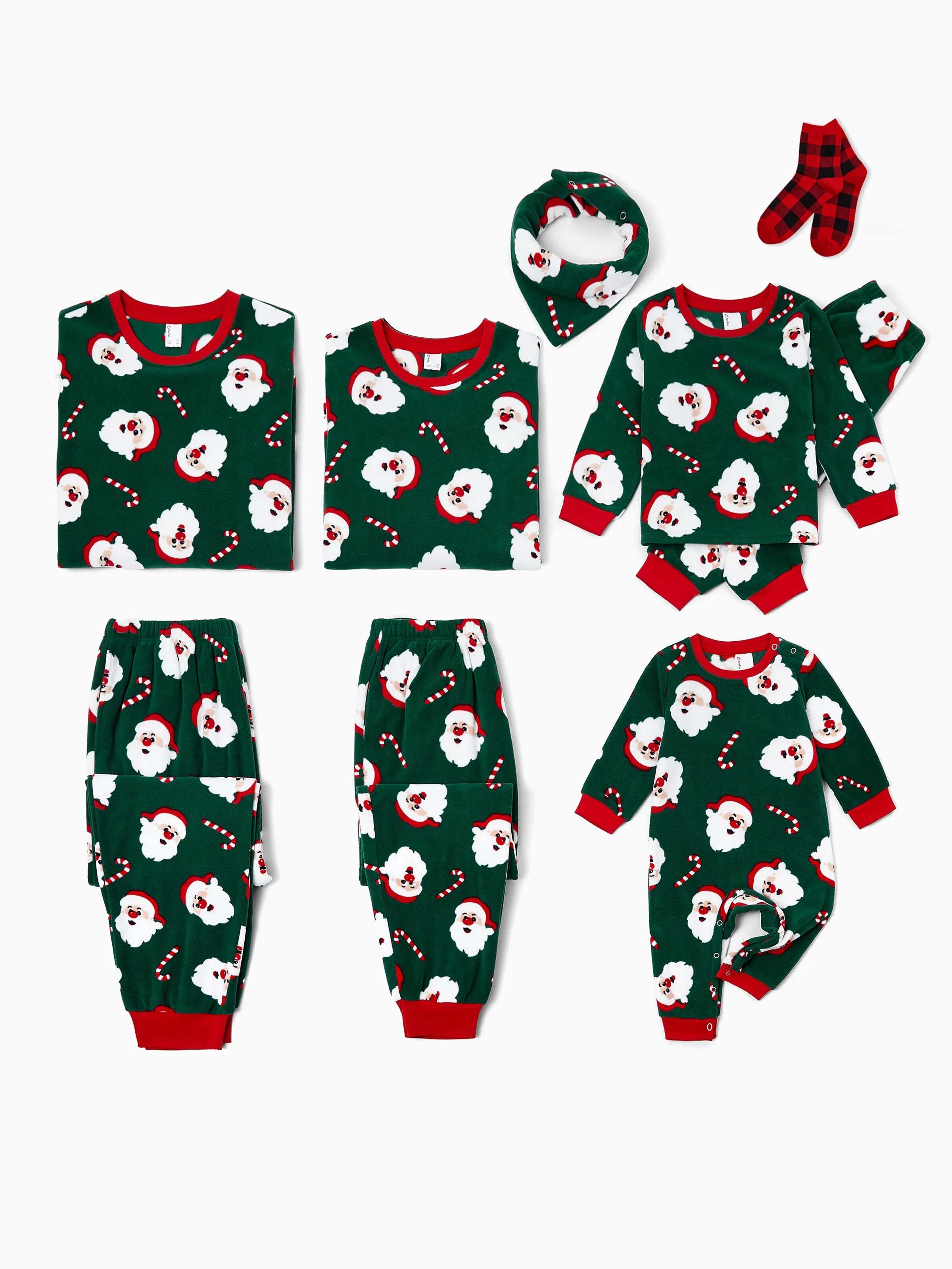 Christmas Matching Family Fleece Pajamas Set Santa Claus and Candy Cane Print PJS with Christmas Socks Dark Green