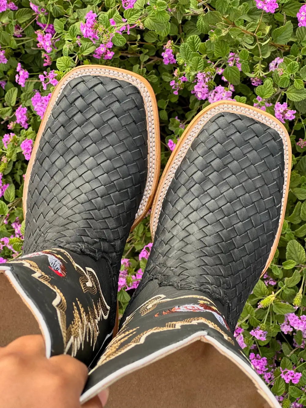 Men’s Black Basket-Weave Leather Boots With Black Shaft