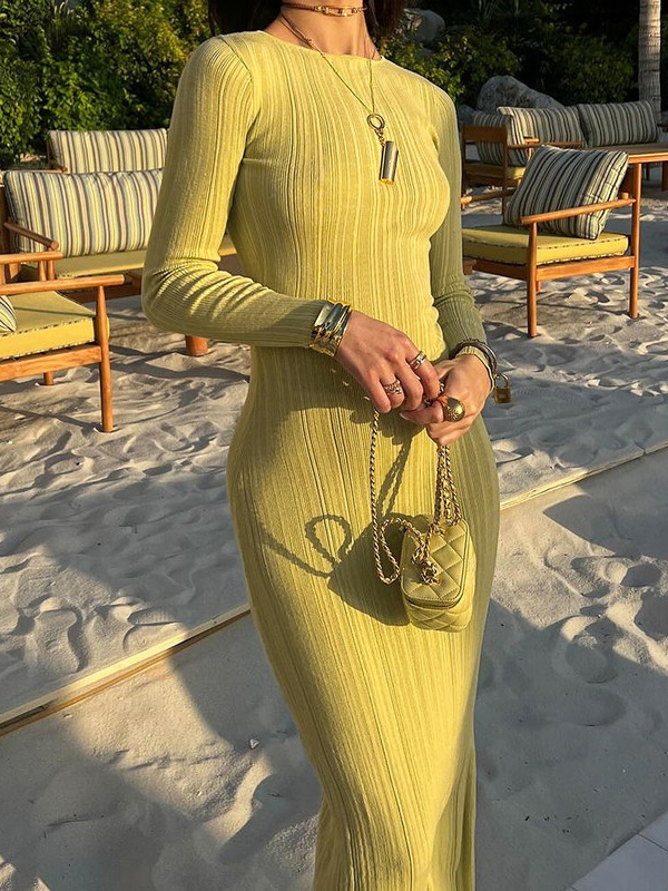 Pleated Solid Color Split-Joint Bodycon Long Sleeves Round-Neck Maxi Dresses Evening Dresses