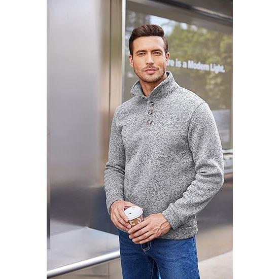Men's Quarter Button Henley Sweater Casual Knitted Sweatshirt Mock Neck Thermal Fleece Pullover Sweater with Pocket