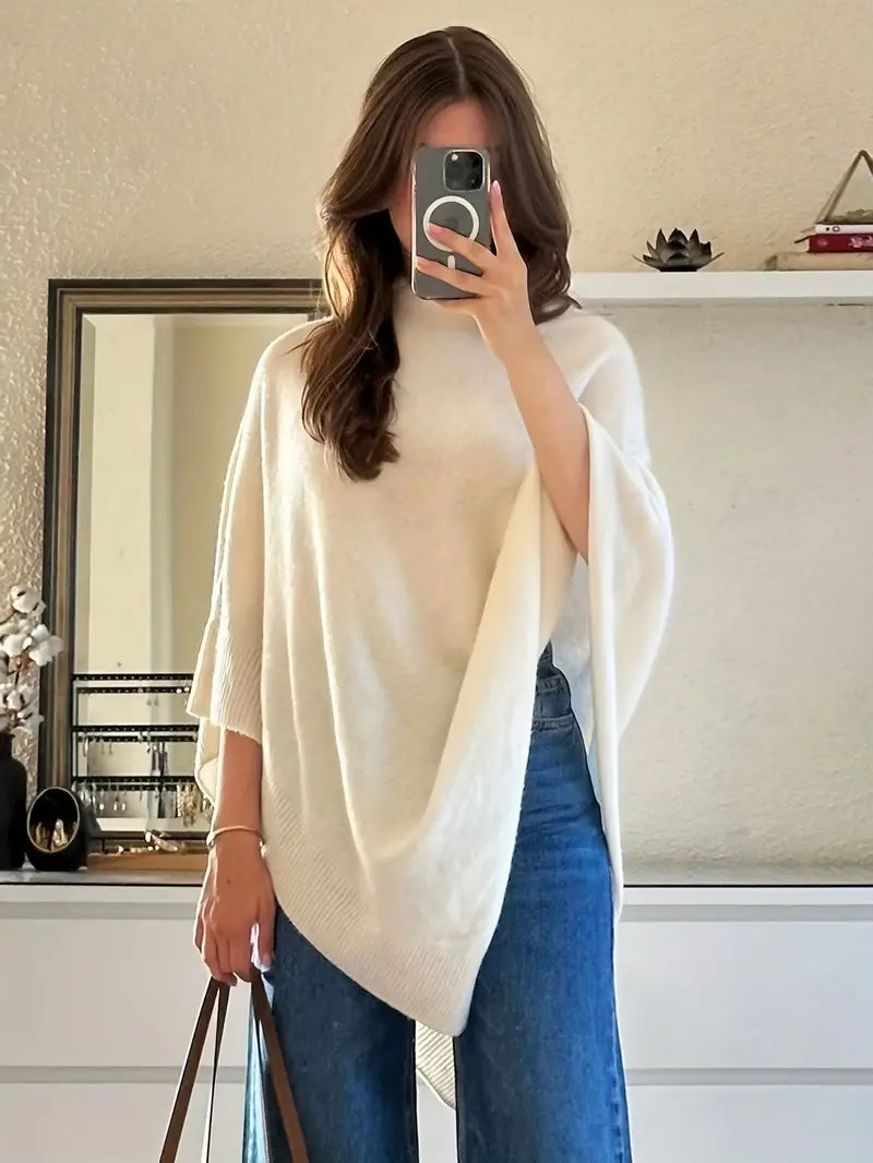 Women'S Elegant Asymmetrical Cape Sweater - Soft Winter Coat with Round Neck